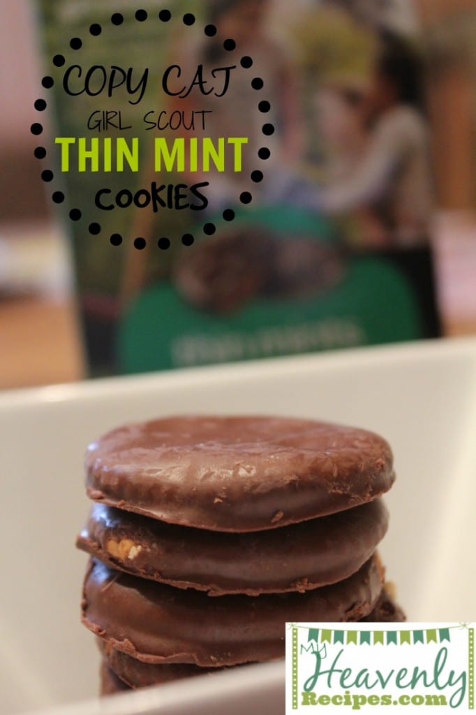 thin mint cookies stacked in a bowl with girl scout cookie box in background