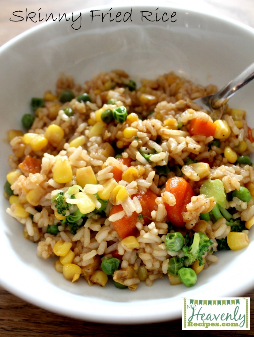 a white bowl with "skinny" healthier fried rice