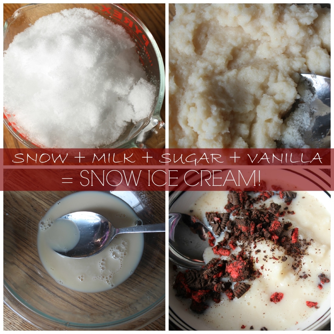 photo collage showing how to make snow ice cream