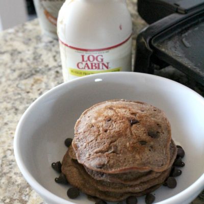 stack of chocolate chocolate chip pancakes in a bowl