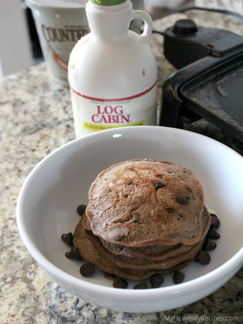 stack of chocolate chocolate chip pancakes in a bowl