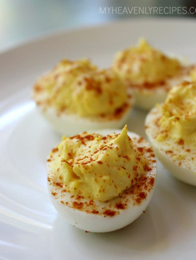 deviled eggs on a white plate
