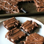 homemade brownies with a chocolate icing on a white plate and a jelly roll pan in background with remaining brownies