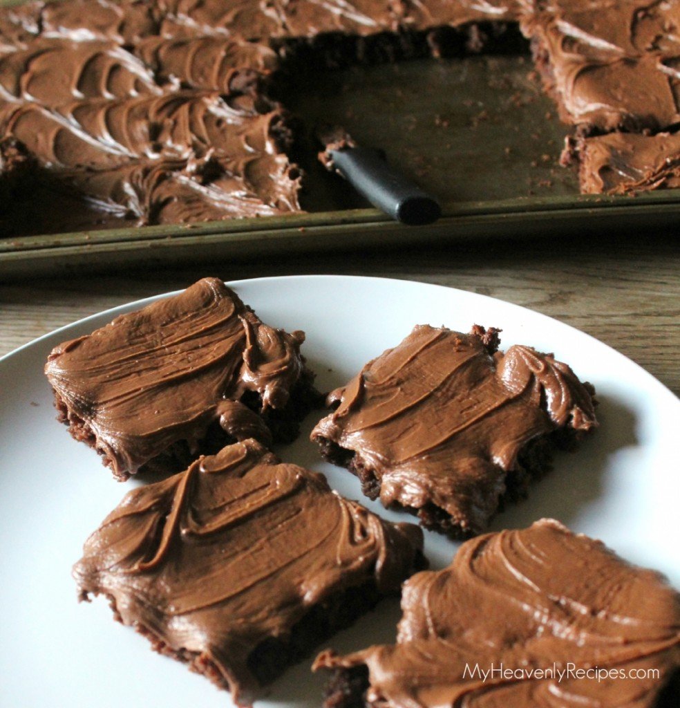 homemade brownies with a chocolate icing on a white plate and a jelly roll pan in background with remaining brownies