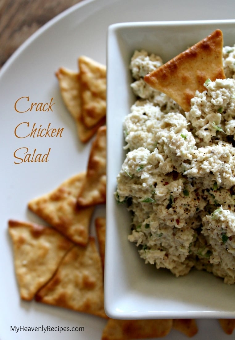 plate of crackers and a bowl of Crack Chicken Salad - the best chicken salad recipe!