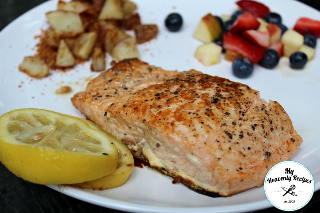 Cayenne Lemon Salmon on a white dinner plate