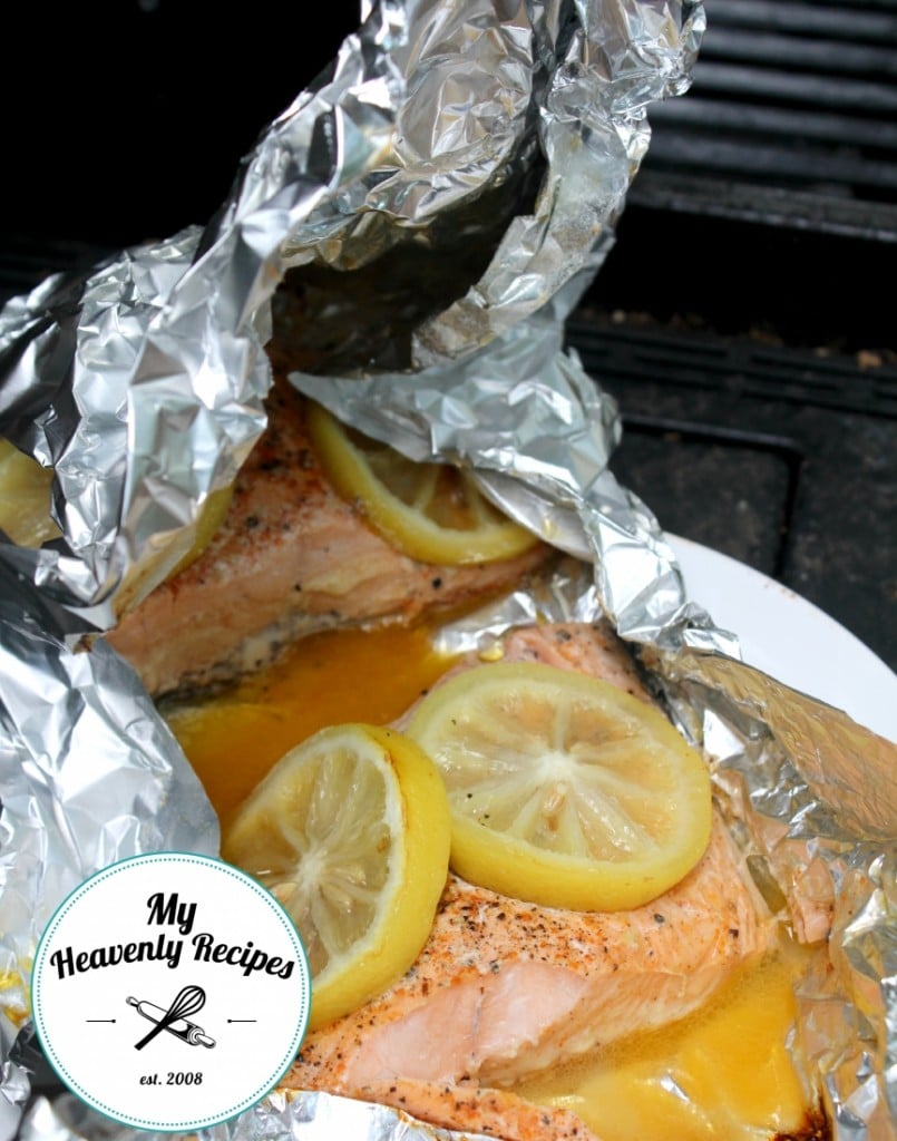 salmon with lemon cooked in a foil packet on the grill