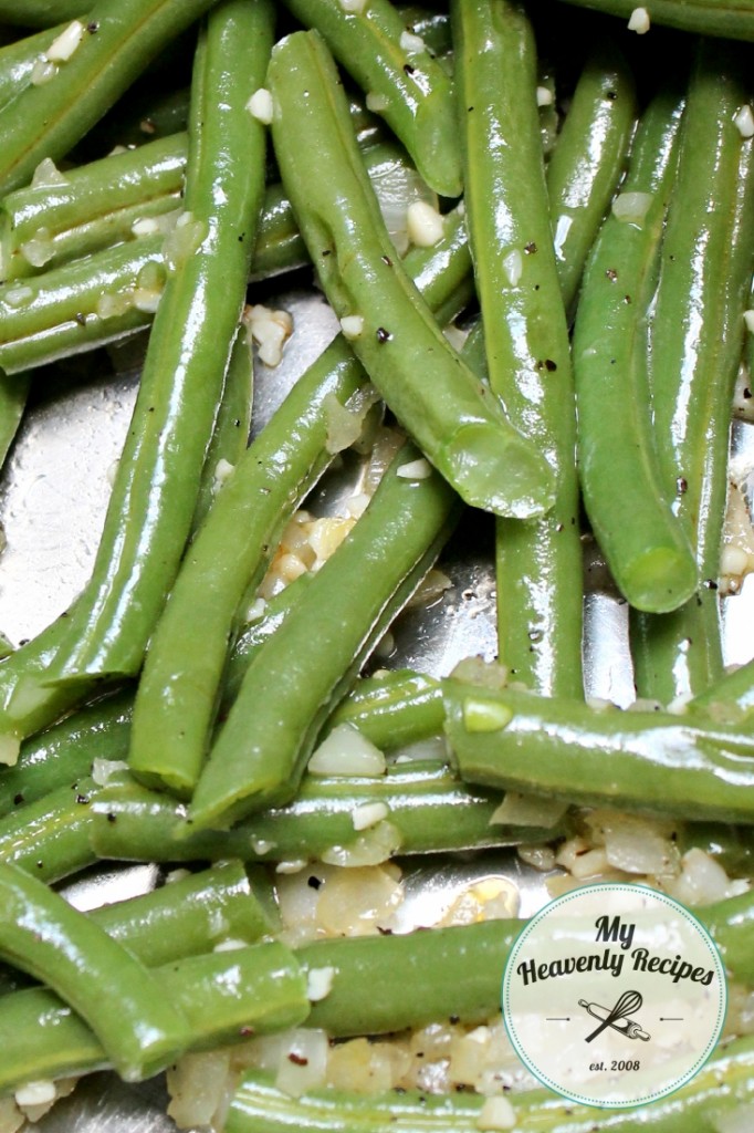 side dish of green beans with bacon, onion, and garlic