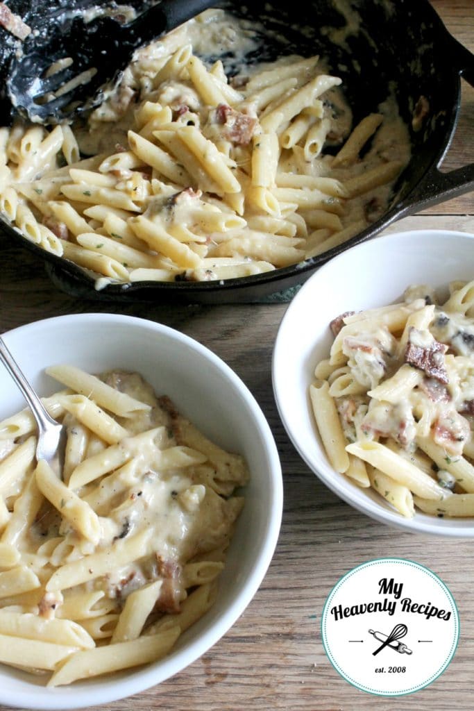 3 plates of penne carbonara with bacon
