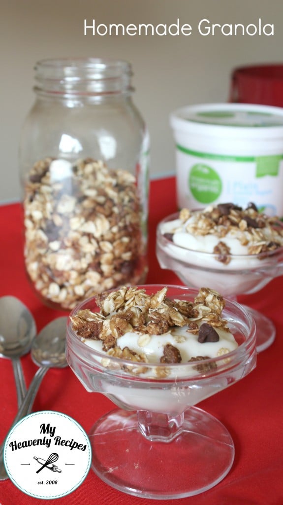 Homemade Granola sprinkled over dishes of vanilla ice cream