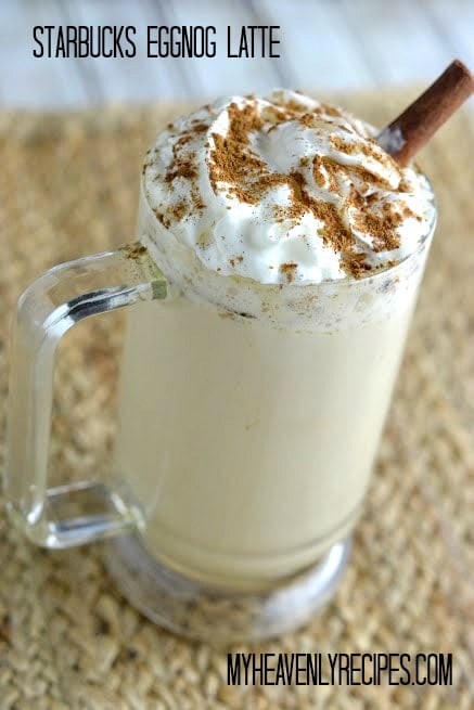 Starbucks EggNog Latte in a tall glass, garnished with whipped cream and a dusting of nutmeg