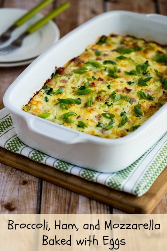 Baked Eggs Casserole with Broccoli, Ham, and Mozzarella Cheese