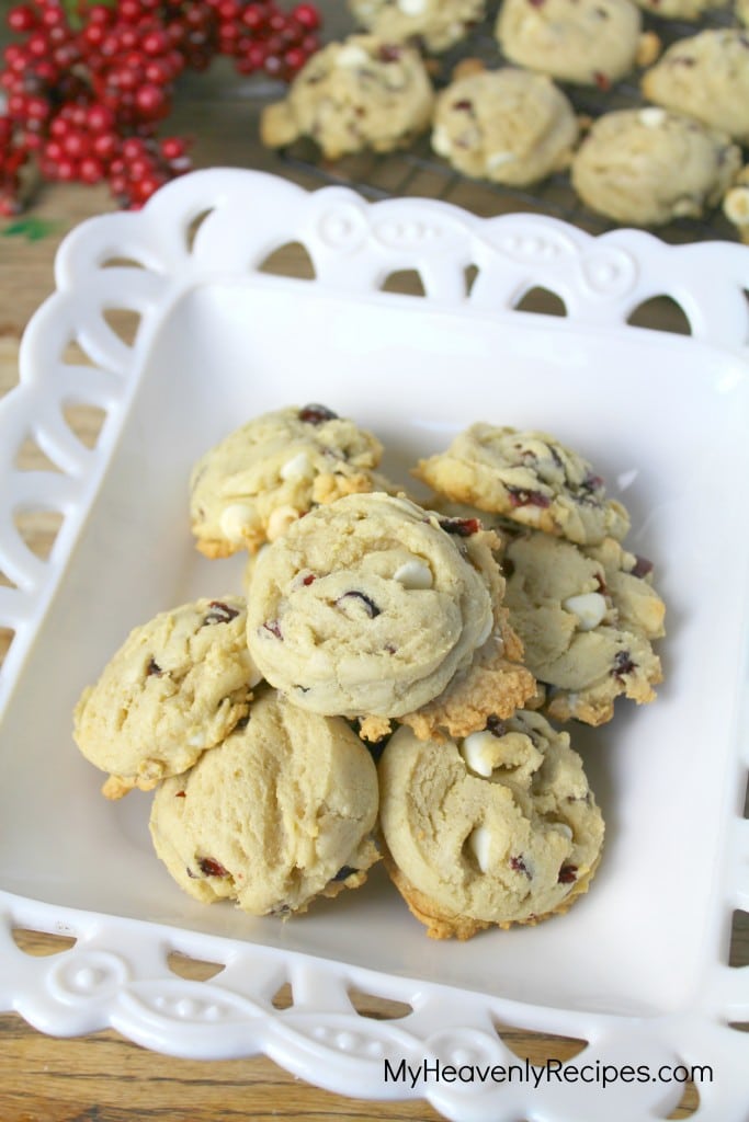 cranberry cookies with white chocolate chips on a white serving platter