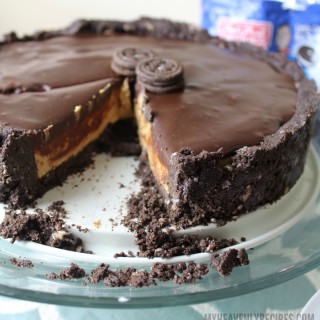 no bake peanut butter pie on cake stand