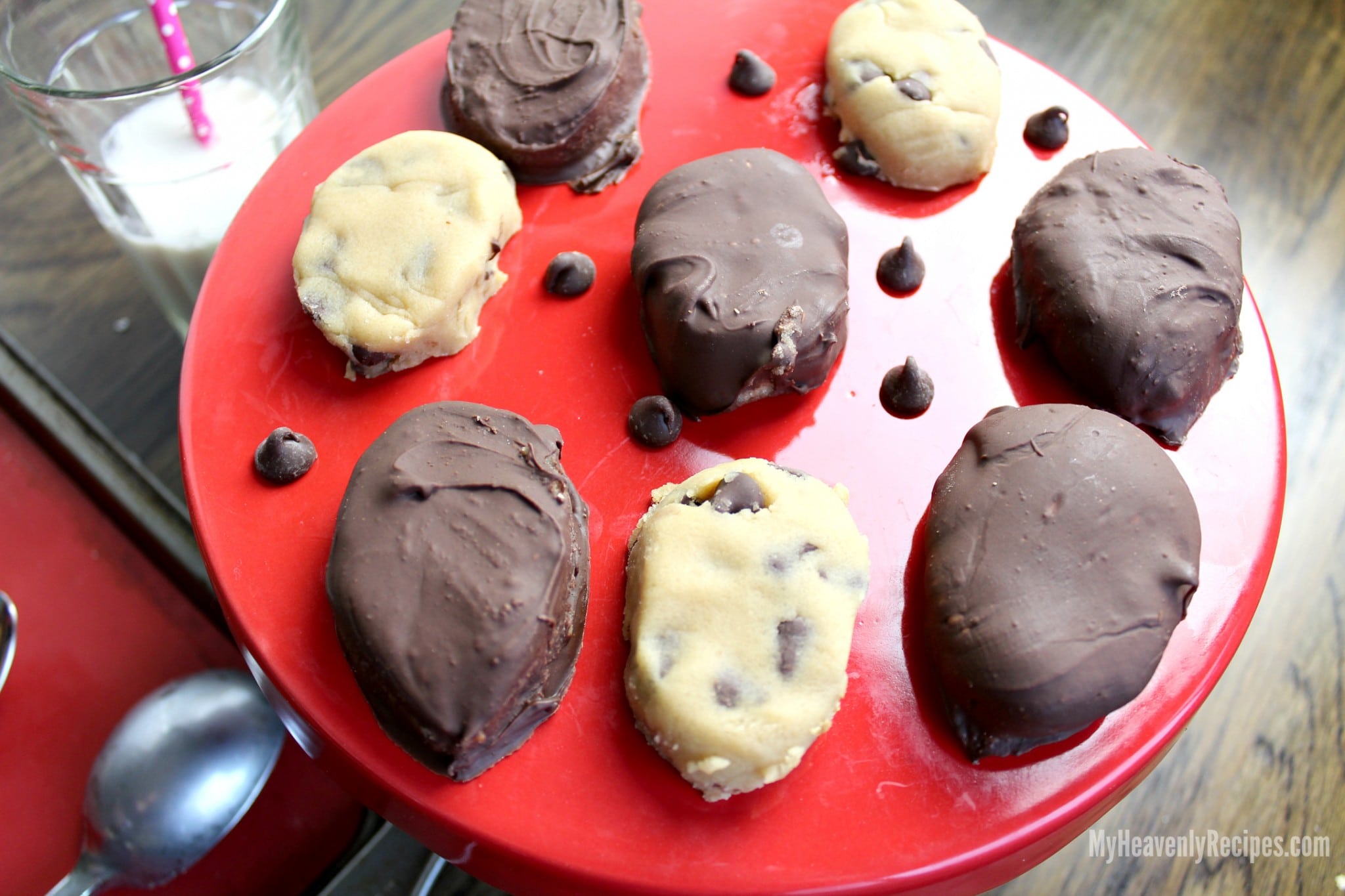 a platter of chocolate covered chocolate chip cookie dough Easter eggs