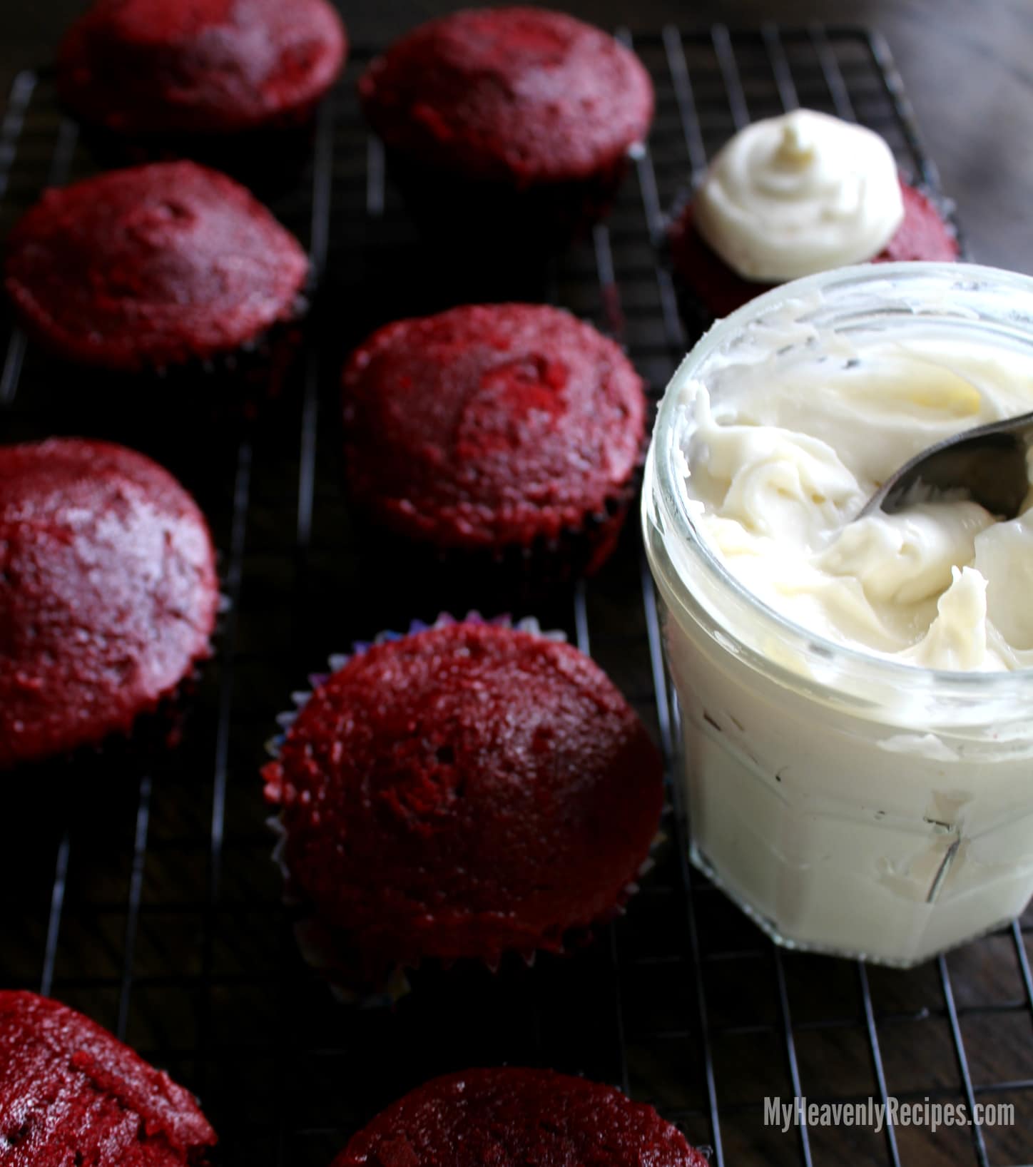 Cream Cheese Icing recipe next to red velvet cupcakes