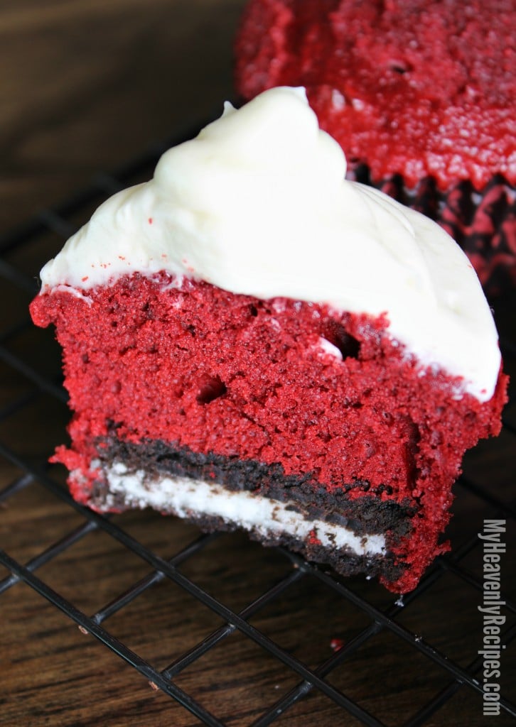 Red velvet cupcake with an Oreo cookie inside