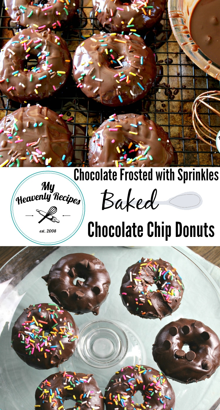 Chocolate Frosted with Sprinkle Baked Chocolate Chip Donuts + Video