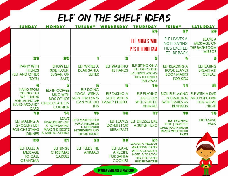 Elf on The Shelf Ideas Printable Calendar - My Heavenly Recipes