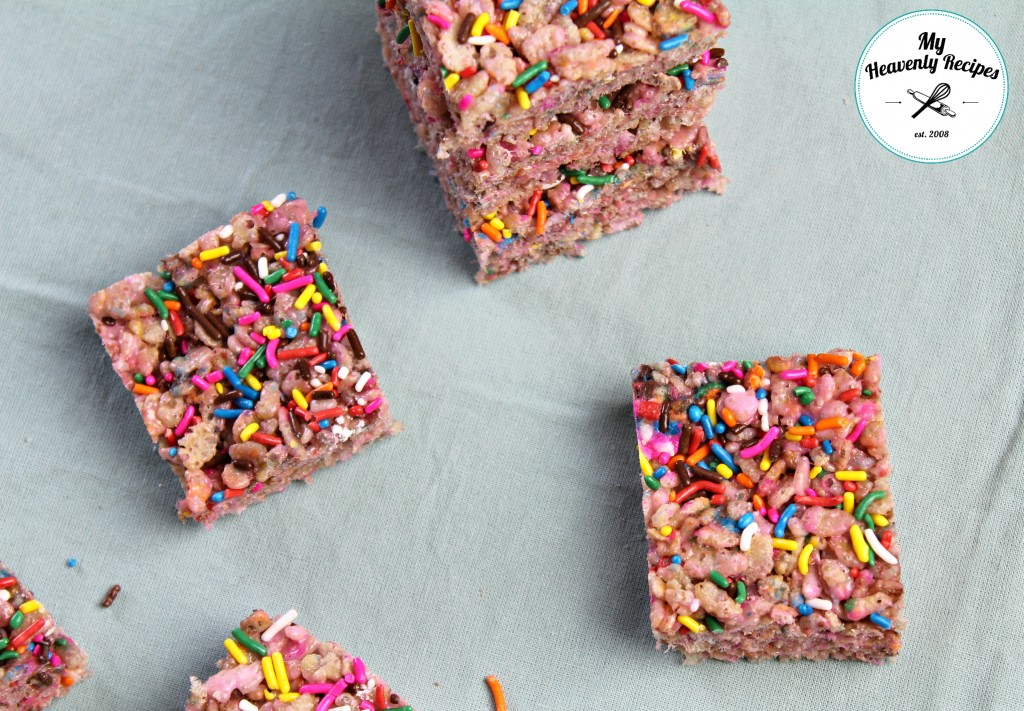 crispy rice treats topped with pastel sprinkles