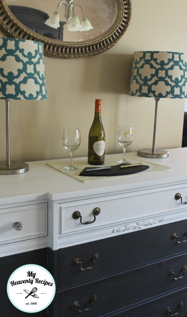 farmhouse sideboard buffet painted in white and navy blue