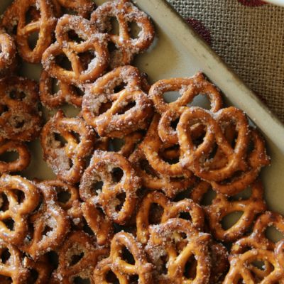 cinnamon sugar pretzels on a large baking pan