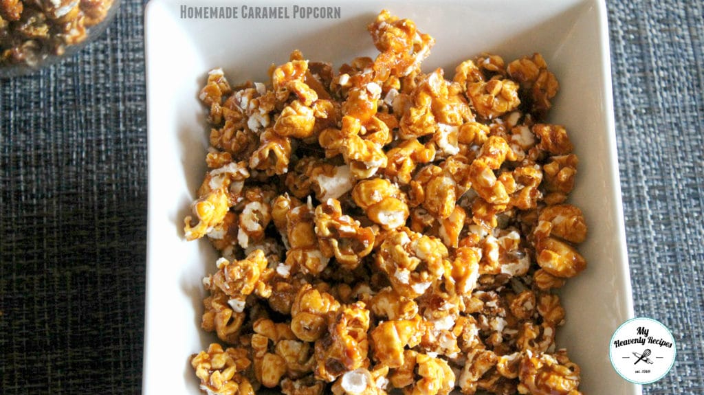 homemade caramel popcorn in a white bowl