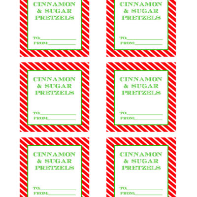 printable gift tags that say "Cinnamon & Sugar Pretzels"