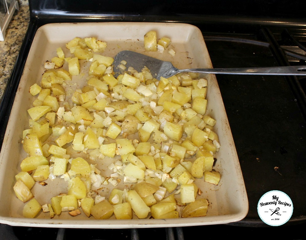 pan of crispy roasted potatoes and onions