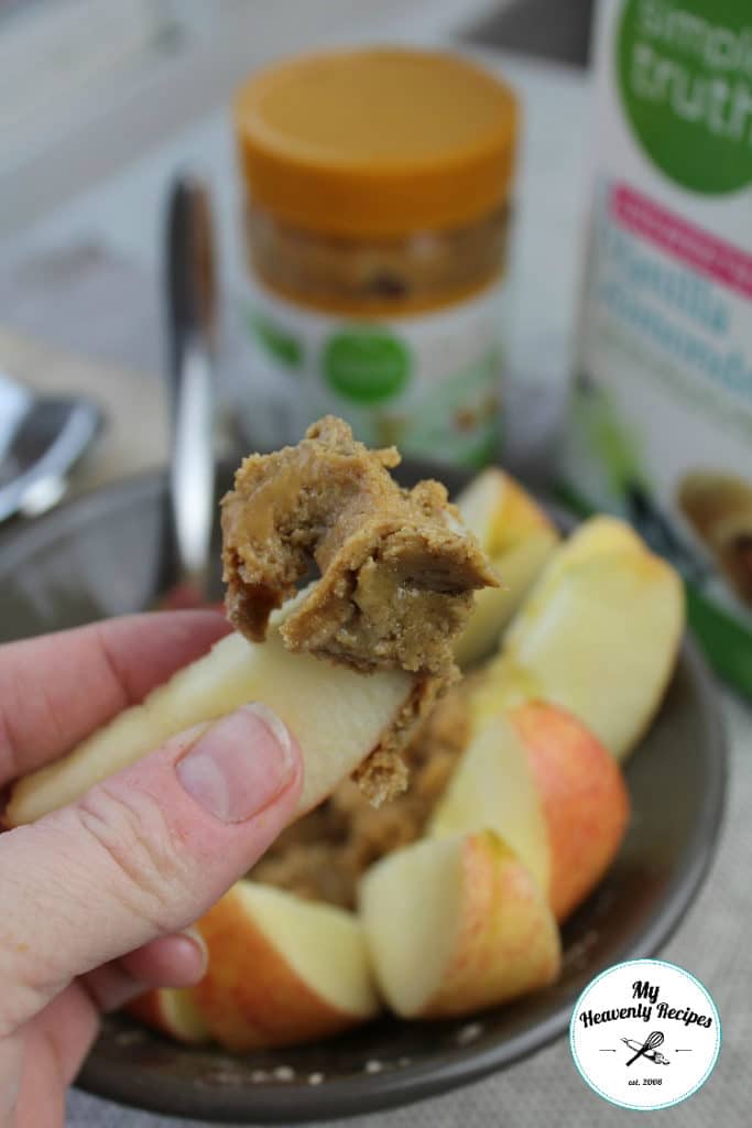 healthy peanut butter dip on apple slices