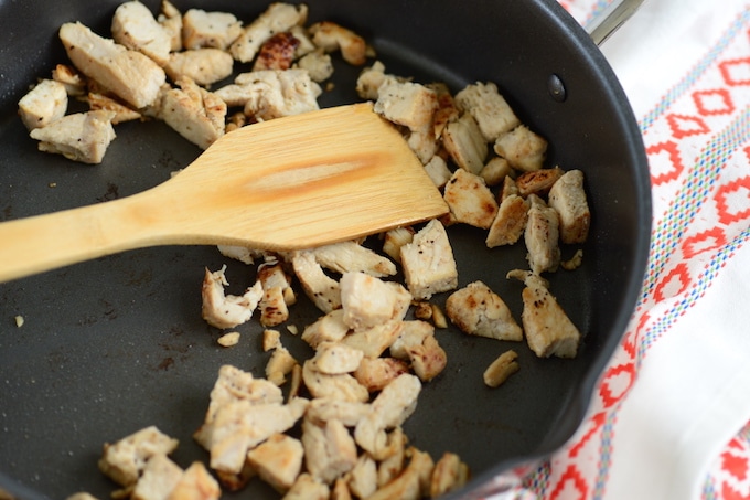 In a large skillet, season chicken with salt and pepper, cook and set aside.