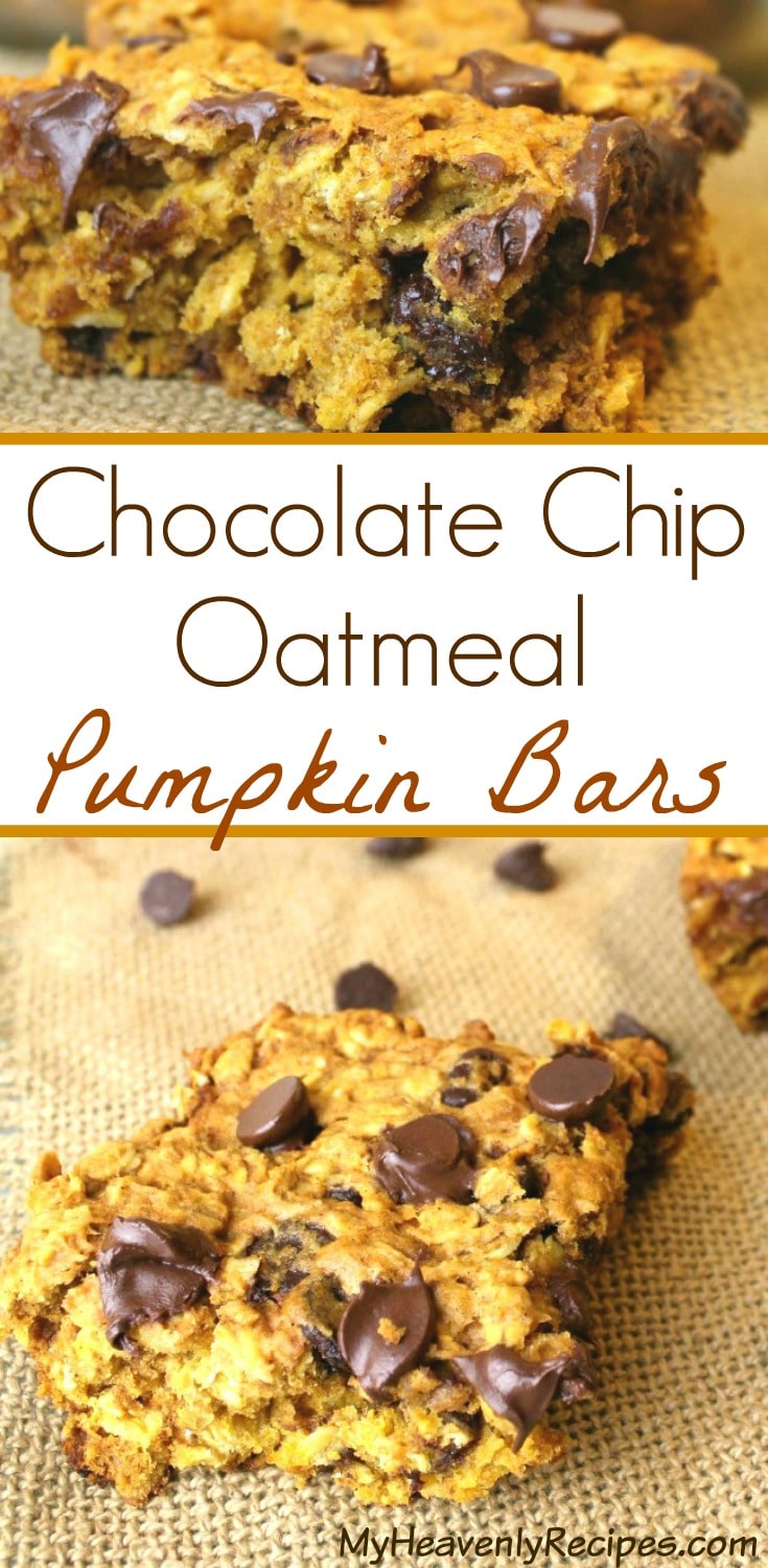 This super simple pumpkin bars recipe is perfect for a after school snack, dessert or to nibble on throughout the day. It's loaded with oatmeal and chocolate chips so that the kids will enjoy them as much as the adults do! #pumpkin #recipe #snack