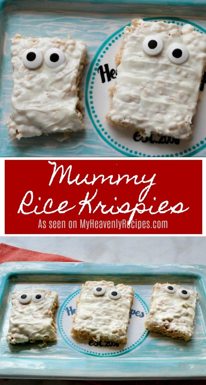 Homemade Mummy Rice Krispies Treats are a perfect snack or dessert to surprise the kids with at their Halloween Parties.