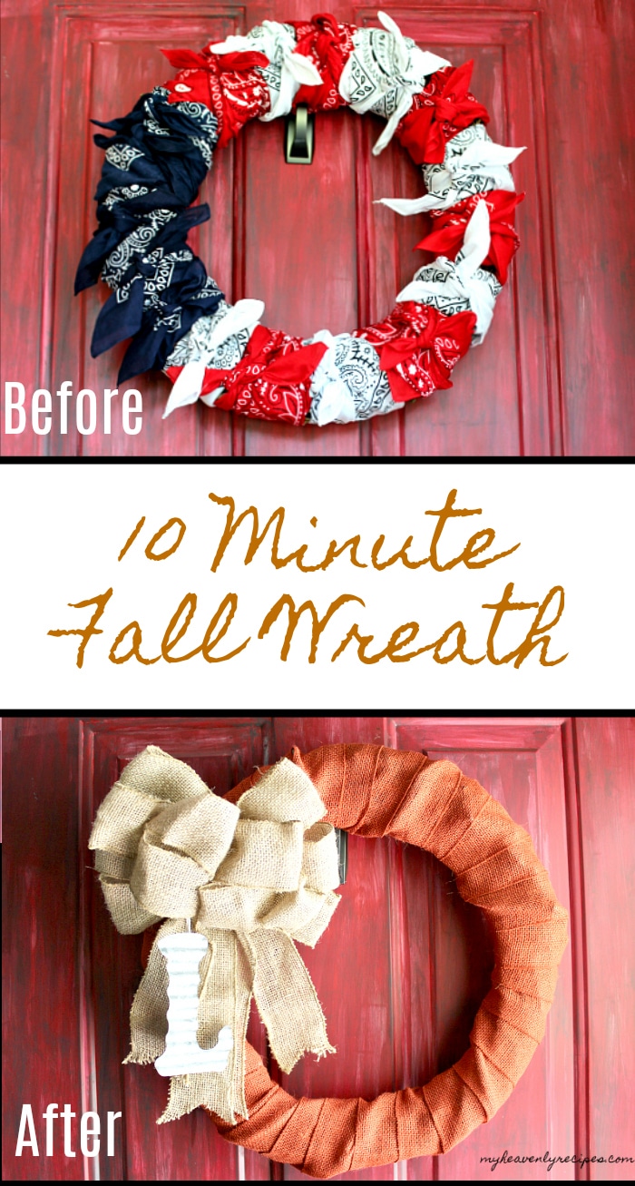 Take your summer wreath into a beautiful Fall Burlap Wreath in just 10 minutes.