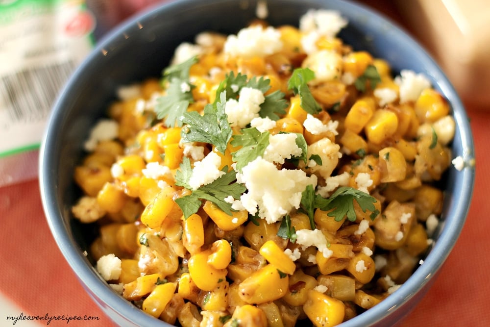 close up chipotle corn recipe in blue bowl