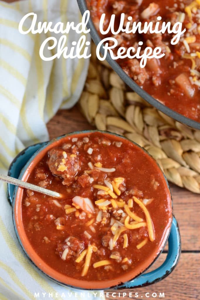 award winning chili recipe in blue bowl and spoon