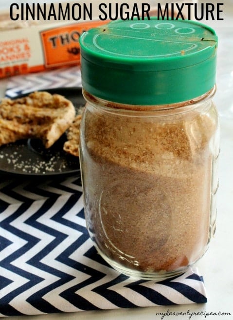 Cinnamon Sugar Mixture in mason jar with english muffins