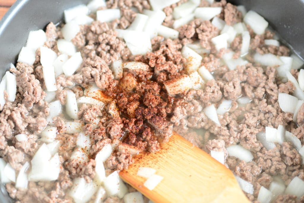 hamburger, onions and spices for chili recipe