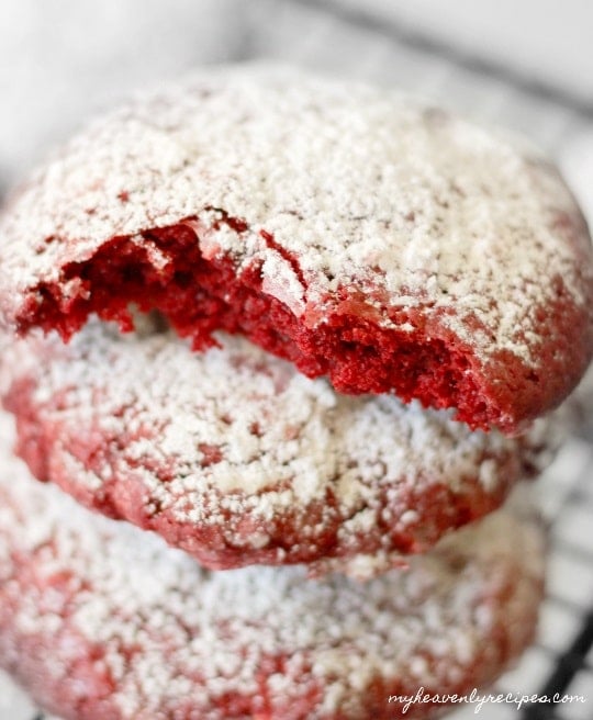 red velvet crinkle cookie close up with bite taken