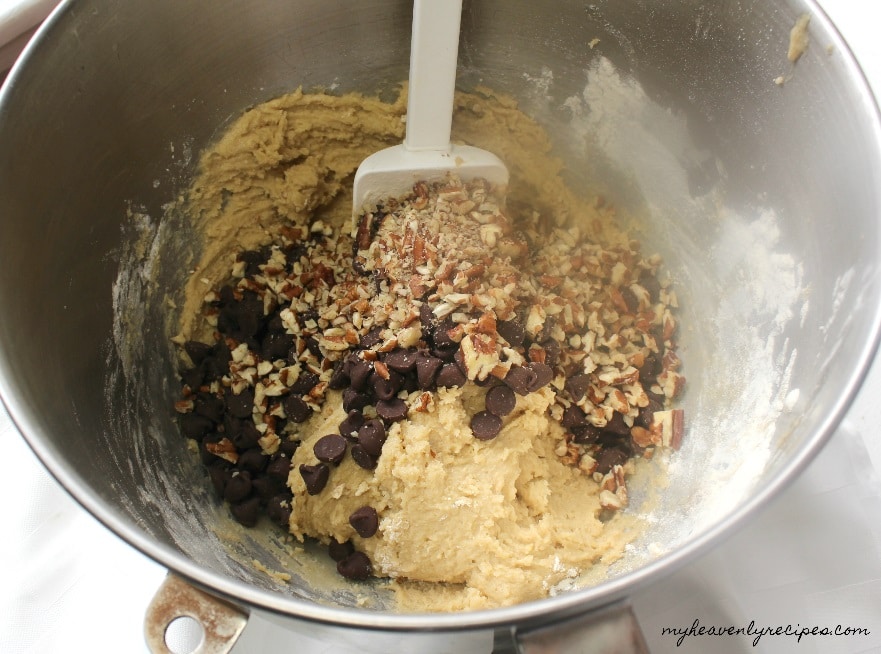 chewy chocolate chip cookies recipe being mixed in a bowl