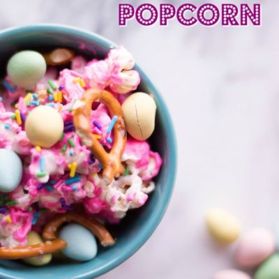 bowl of sweet popcorn mix with pretzels and Easter candies