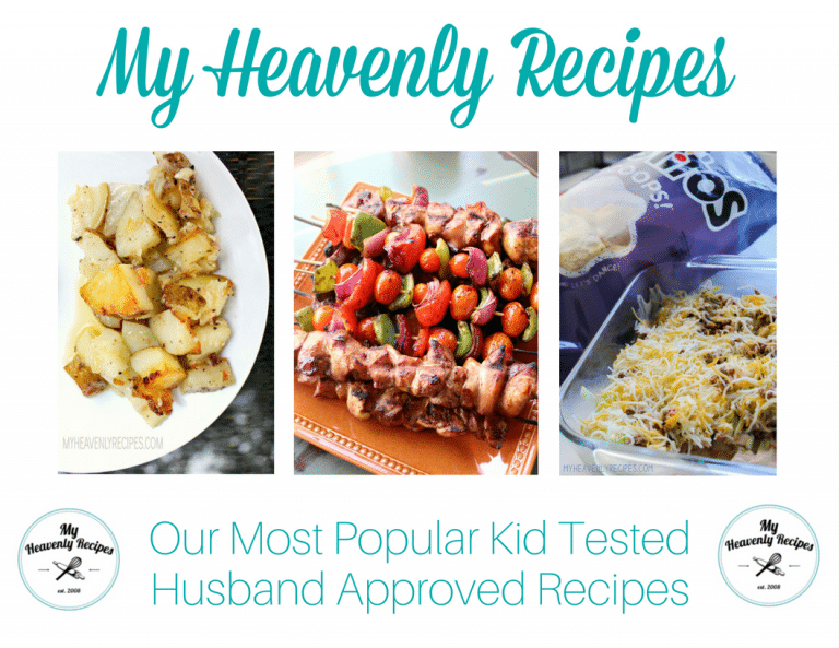 my heavenly recipes top 10 recipes ebook with foiled potatoes, steak kabobs and taco dip pictured