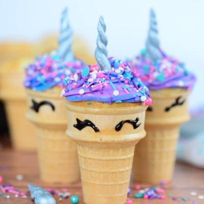 head on shot of unicorn cupcakes made in ice cream cone