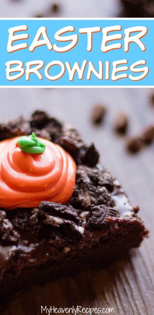 image of brownie topped with crushed chocolate cookie and topped with orange icing for a carrot
