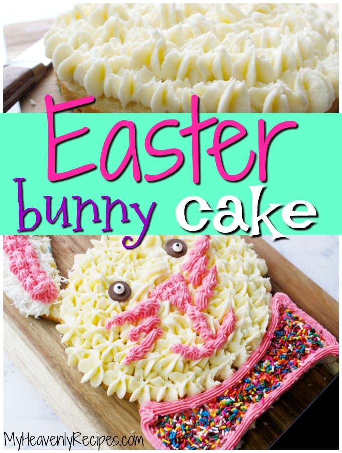 Decorated Easter bunny cake on a wooden cutting board