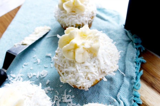 easter cupcake with coconut flakes on top and bunny tail