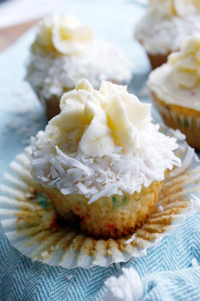 up close view of easter cupcake with bunny tail on top