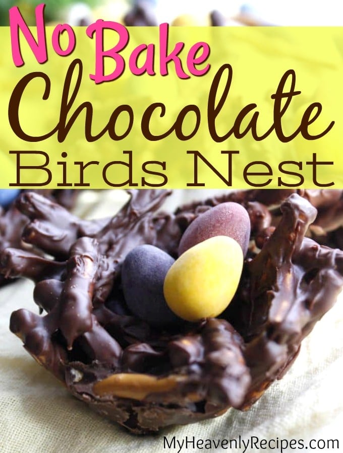 chocolate birds nest recipe with mini tiny candy eggs on yellow linen napkin