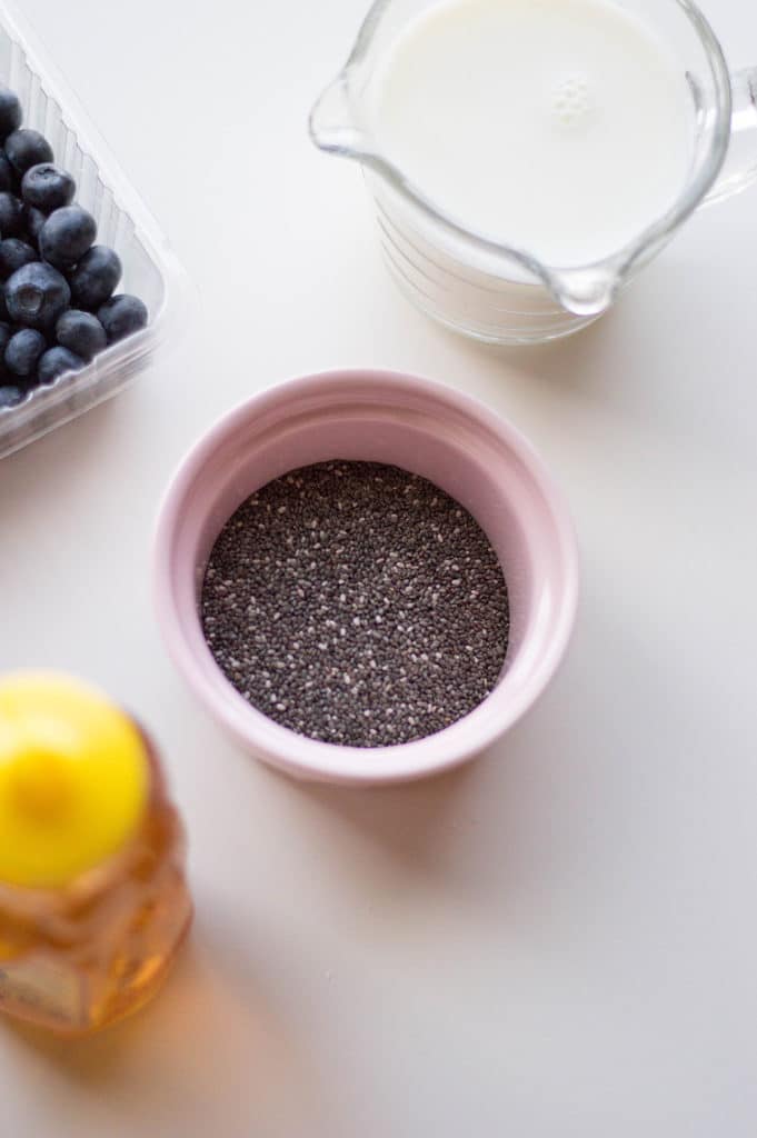 chia seeds in bowl, milk in measuring glass, honey and blueberries