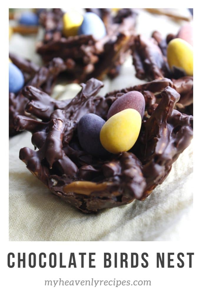 easy Easter dessert recipe made with chocolate and broken pretzel sticks shaped like a birds nest